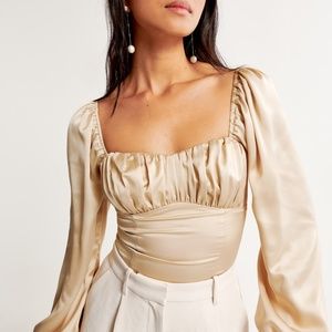 Abercrombie & Fitch Long-Sleeve Satin Ruched Set Top - Cream L NWT